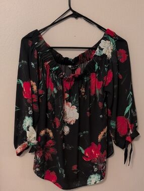 Express Black Floral Off-Shoulder Top - Red, White & Green Bloom